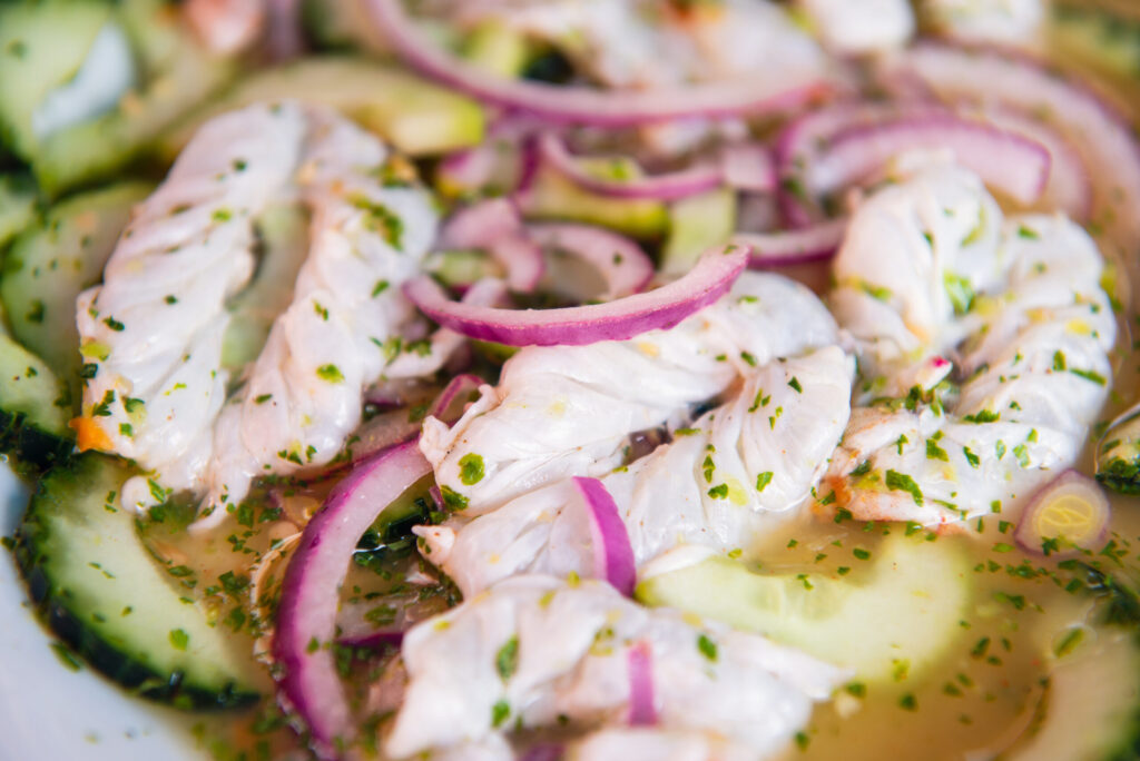 Traditional Mexican seafood Aguachile Mexican seafood food with copy space Mexican seafood on wooden table Traditional Mexican food concept