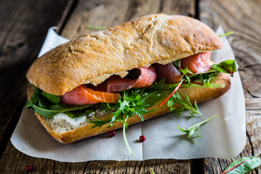 Big sandwich with salmon and cream cheese